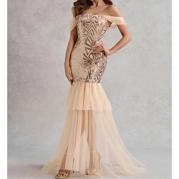 Champagne Sequin Mermaid Hem Evening Formal Gown Size Large - Picture 1 of 12